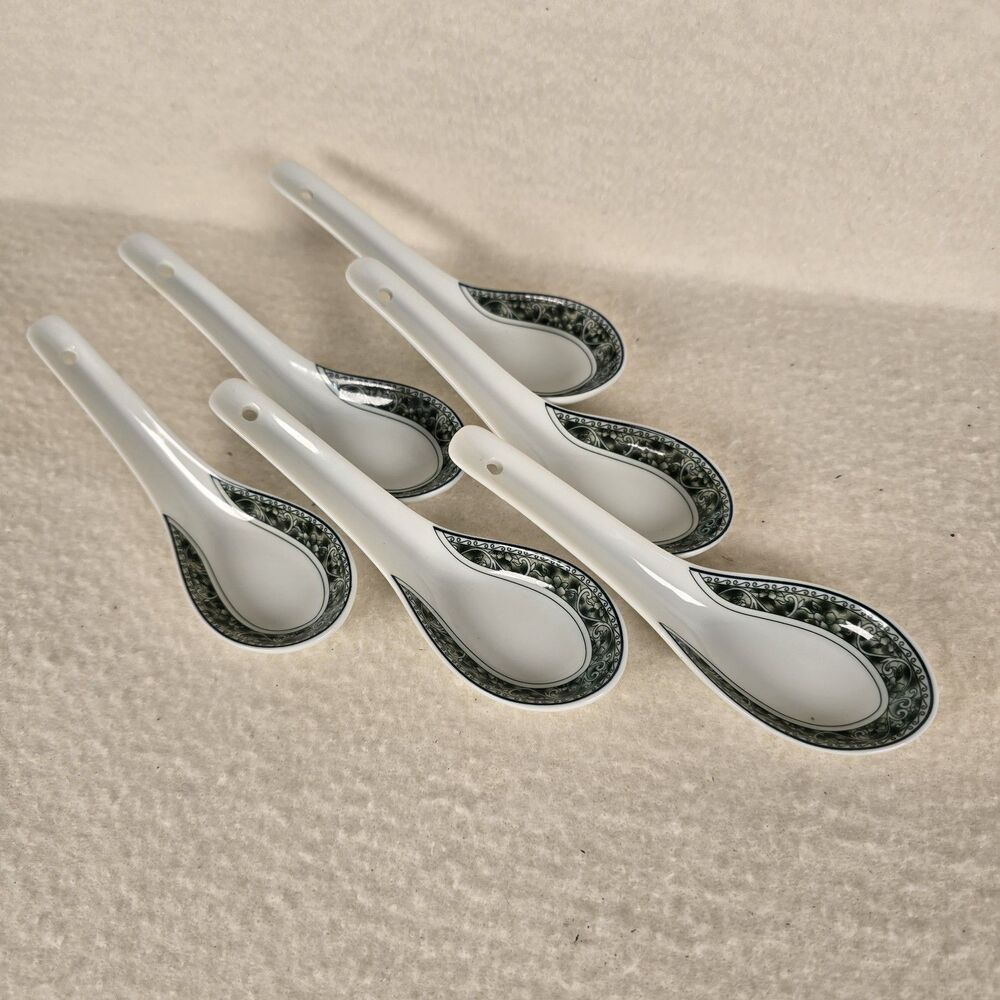 Set Of 6 Chinese Porcelain Soup Spoons Greenish Black And White Color